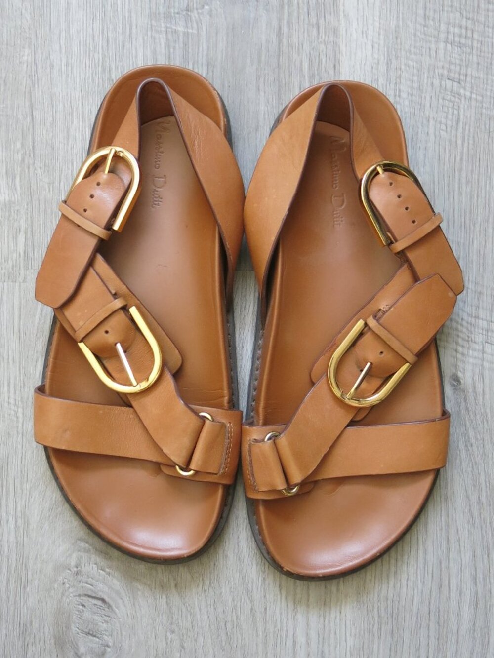 Massimo Dutti Double Buckle Slingback Strap Tan Leather Flat Sandal Size 40 EUR